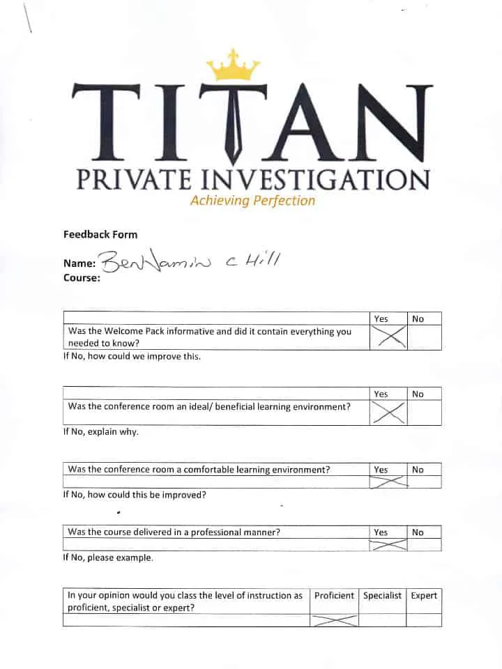 Benjamin Hill Titan Private Investigator Training Course Testimonial
