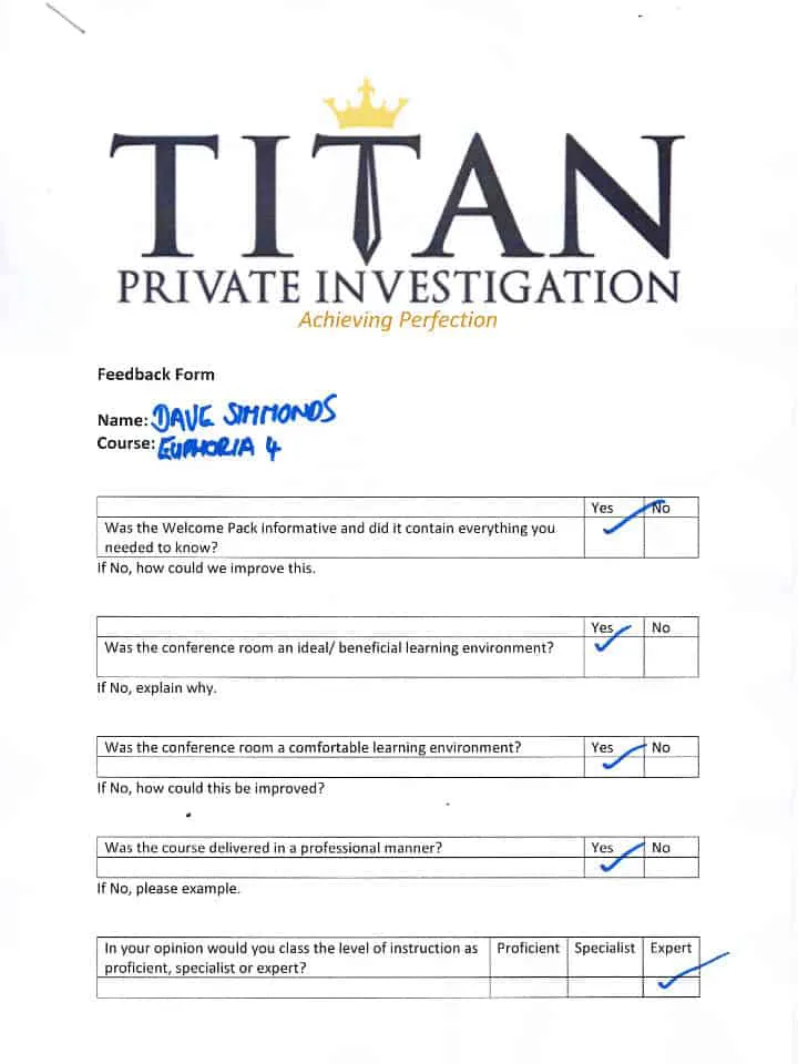 Dave Simmonds Titan Private Investigator Training Course Testimonial