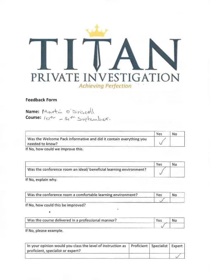 Martin O'Driscoll Titan Private Investigator Training Course Testimonial