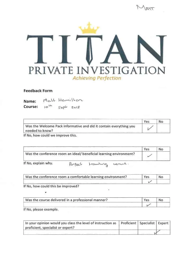 Matt Hamilton Titan Private Investigator Training Course Testimonial