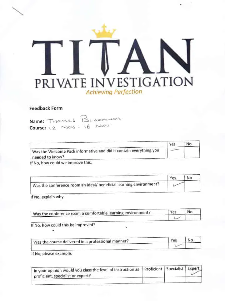 Thomas Blakeway Titan Private Investigator Training Course Testimonial