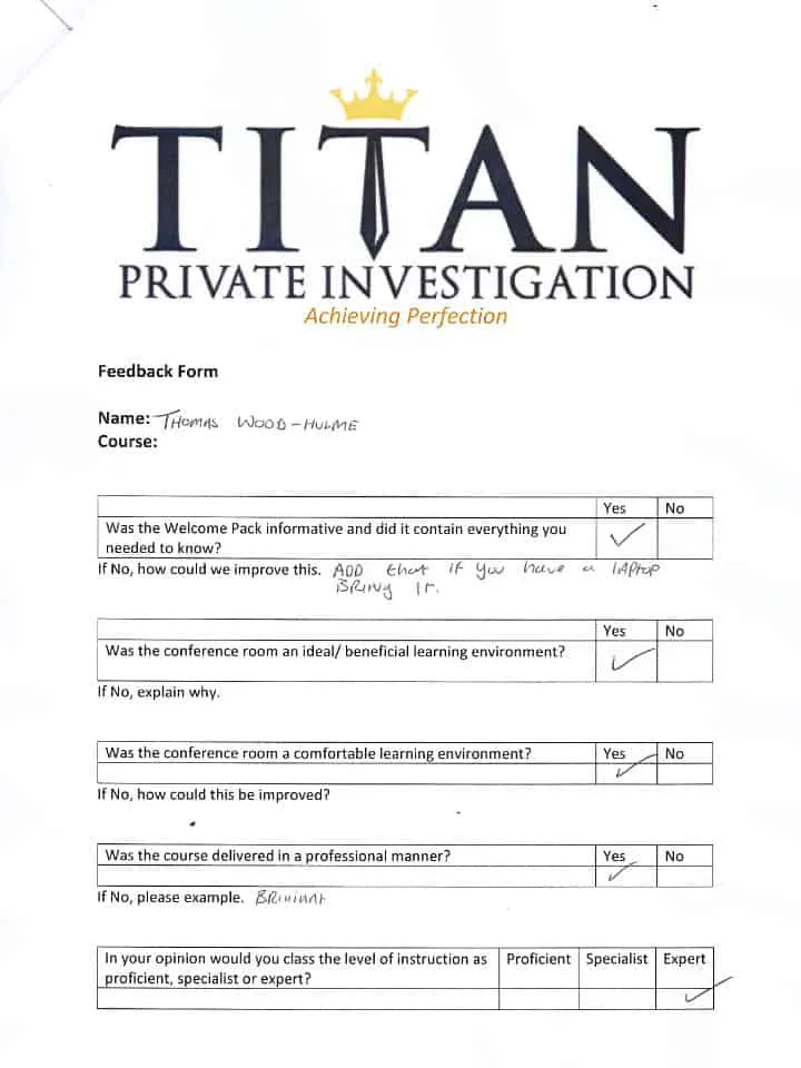 Thomas Wood-Hulme Titan Private Investigator Training Course Testimonial